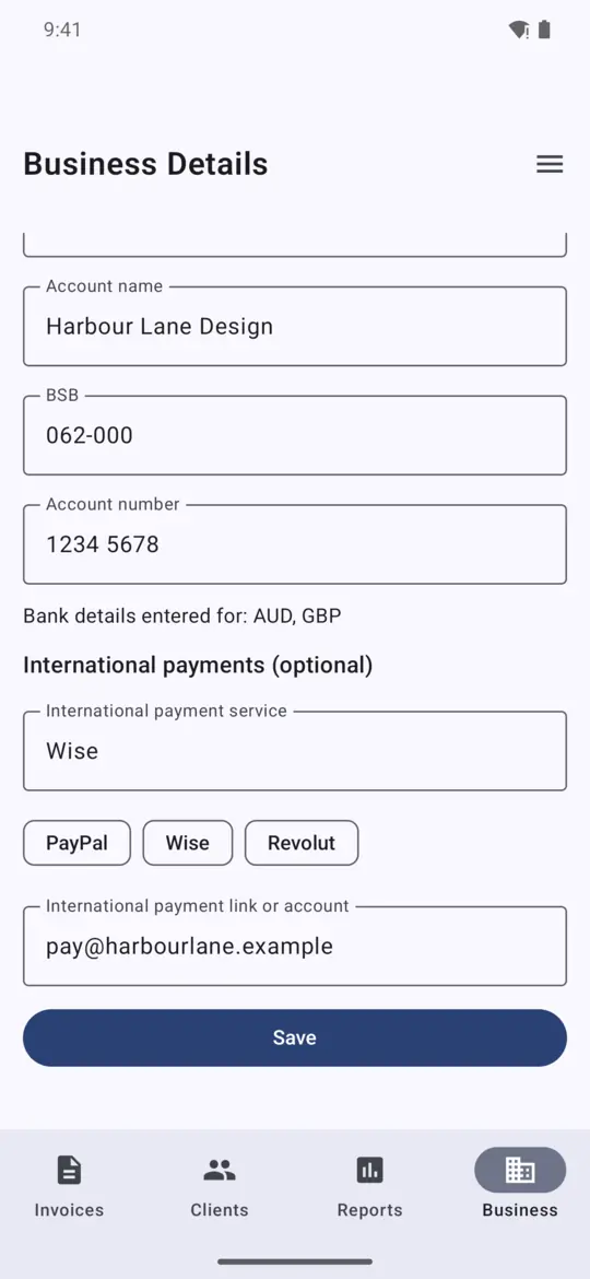 Payment details with BSB, account number and Wise