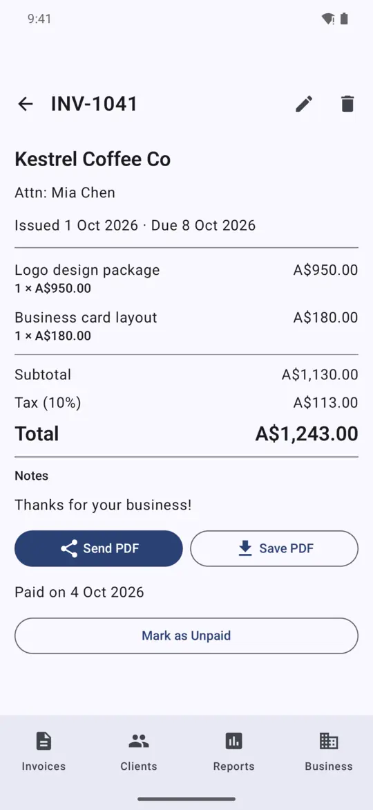 An invoice with line items, tax and total, and Send PDF button