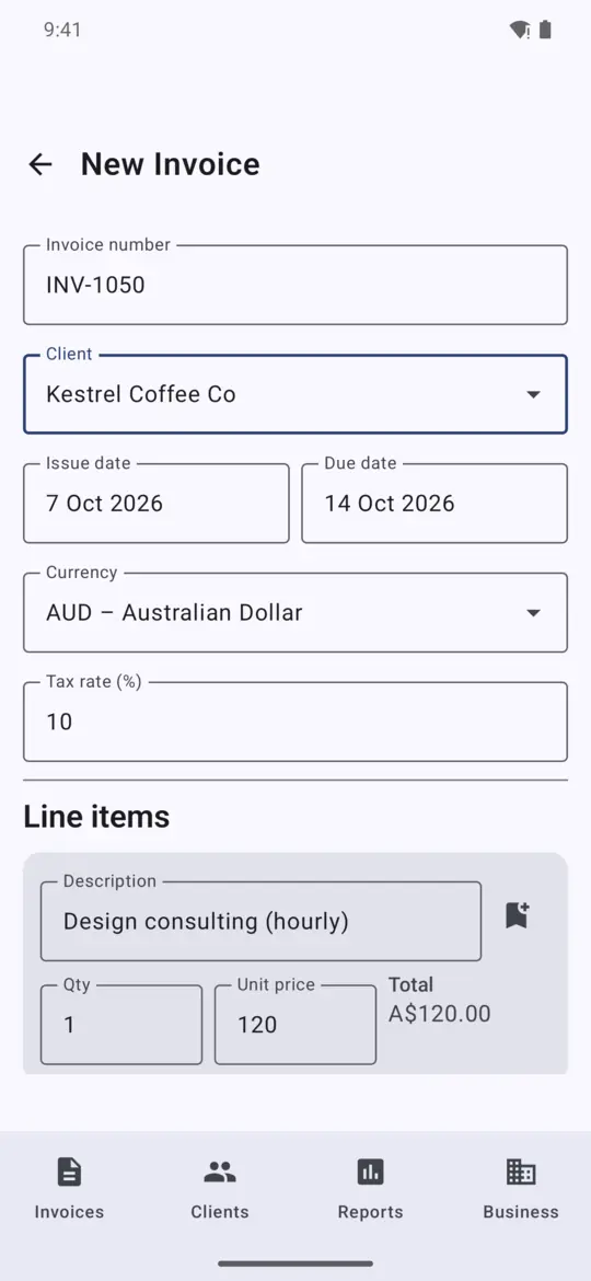 New invoice screen with client, dates, currency and line items