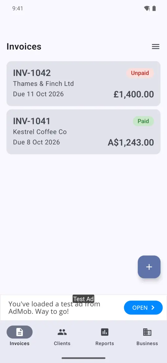 Invoice list with two invoices and a small banner ad at the bottom