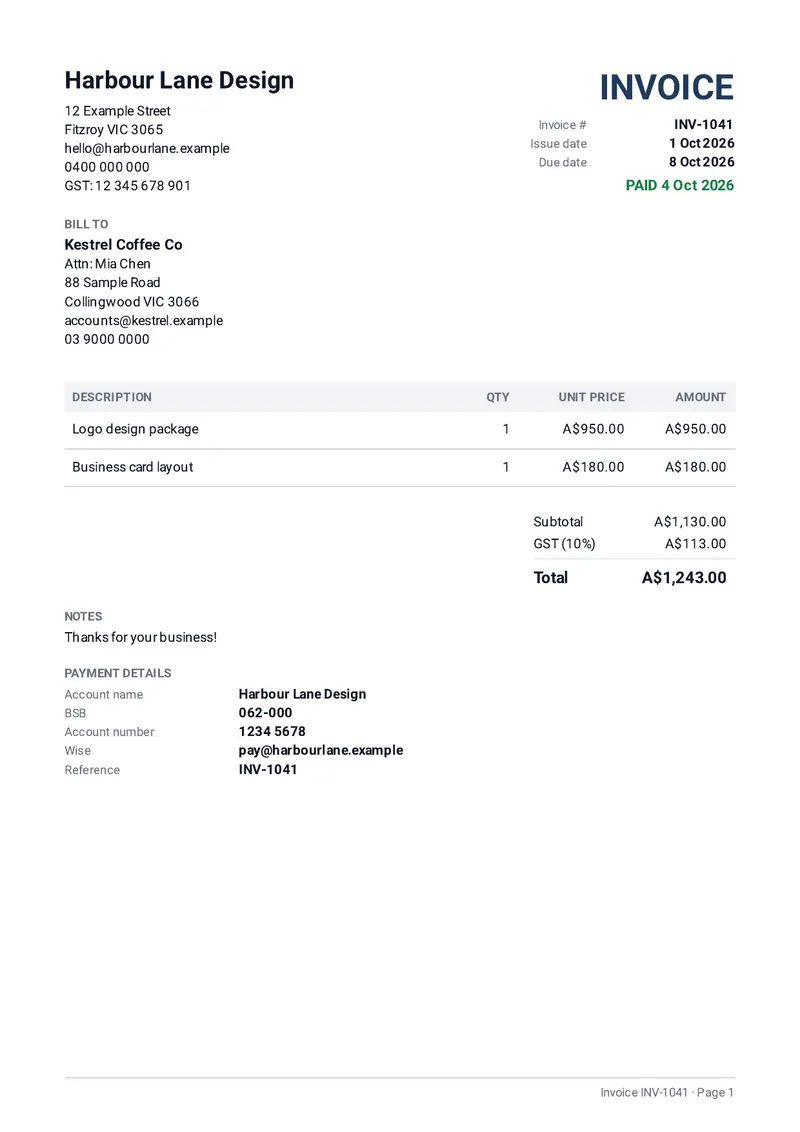 Example PDF invoice from Harbour Lane Design to Kestrel Coffee Co