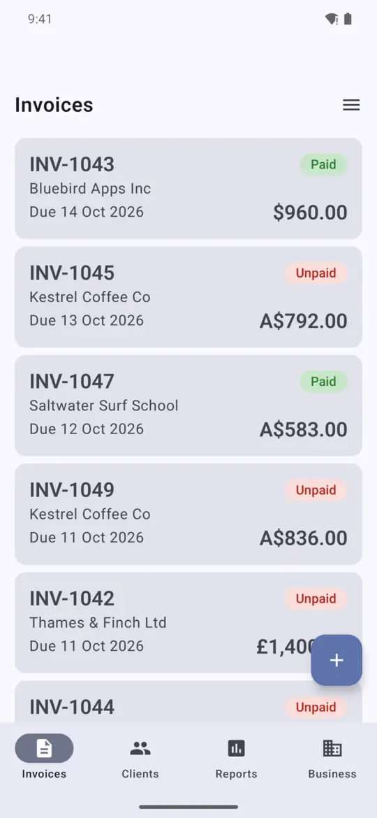 List of invoices in several currencies, marked paid or unpaid