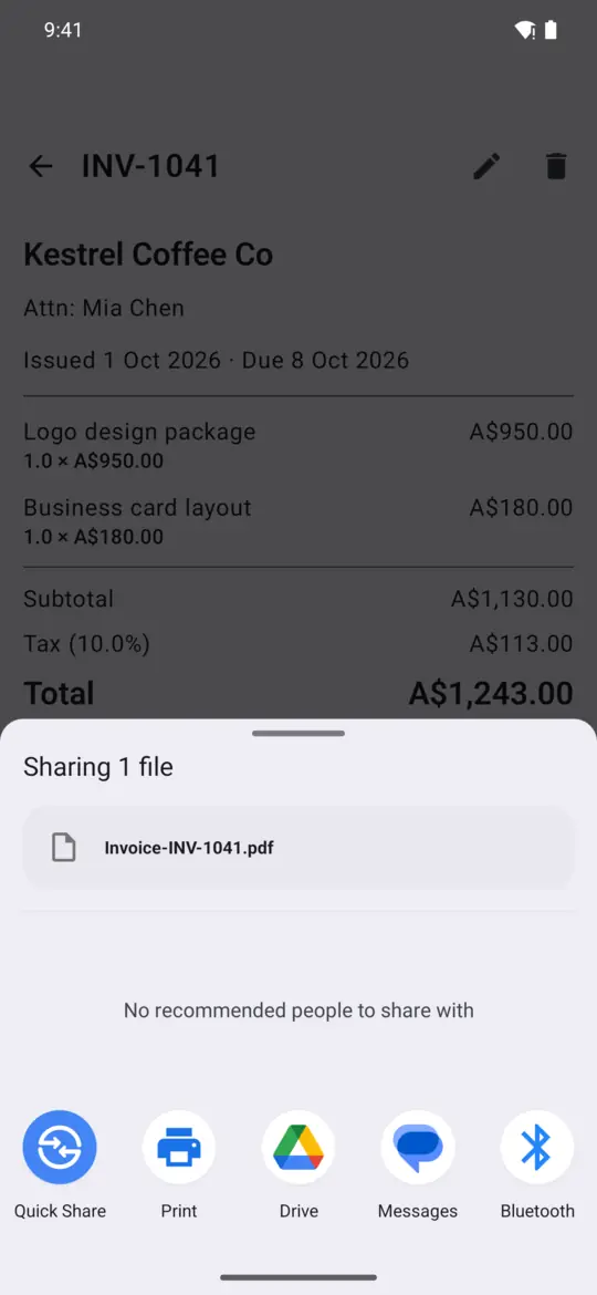 Android share sheet with the invoice PDF attached